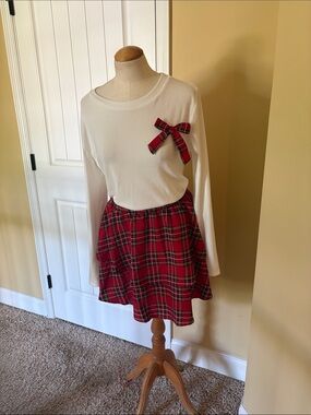 White Long Sleeve Top with Red Plaid Skirt & Bow Set
